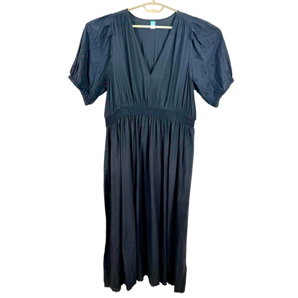 Old Navy Black Midi Dress XL Tall Smocked Eyelet Cottage Boho Peasant Pockets
